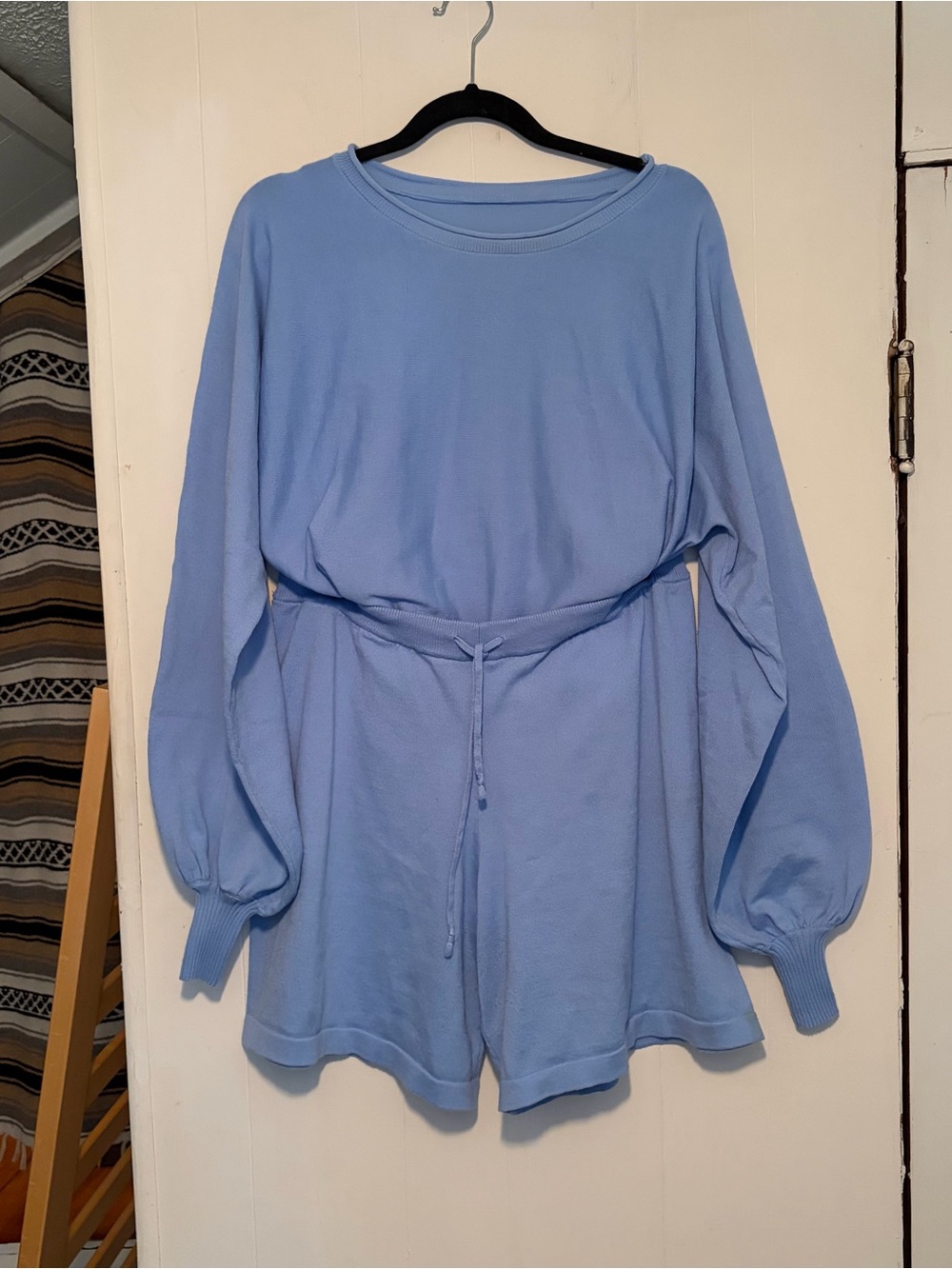 Cornflower Blue Long Sleeve matching knit shorts set balloon sleeves